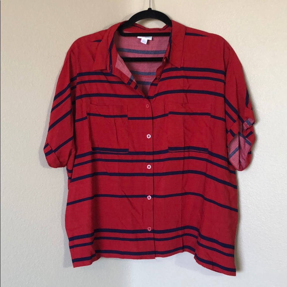 Red and navy striped L Lularoe Amy buttoned Shirt